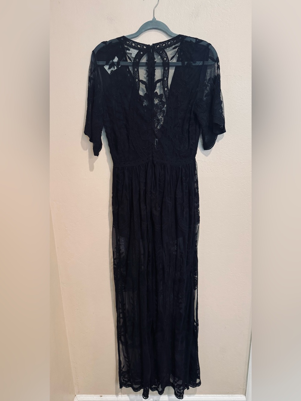 Sheer Black Lace V-Neck Maxi Gown With Deep V-Neck, Built-in Shorts Side Slits - Picture 2 of 10